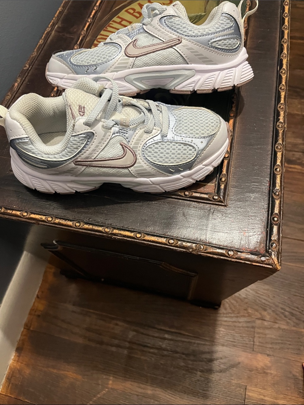 Nike Kids White and Light Gray Sneakers with Pink Swoosh